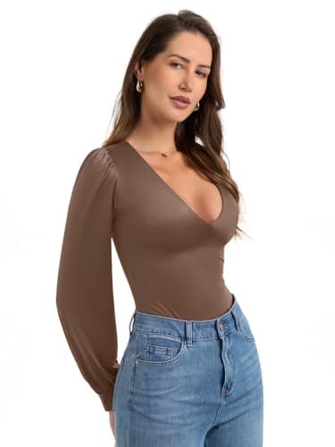 PINKMSTYLE Sexy Satin Silk Plunge V Neck Long Sleeve Bodysuits For Women Date Night Going Out Top Brown XX-Large - Thumbnail 3