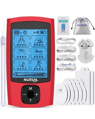 NURSAL 24 Modes TENS Unit Muscle Stimulator, Rechargeable Electronic Pulse Massager with 8 Pads for Back and Shoulder Pain Relief and Muscle Strength (Red) - Image 1