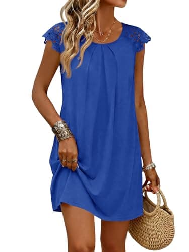 Wenrine Womens Summer T Shirt Dresses Casual Beach Vacation Short Sleeve Lace Pleated Mini Dress Blue - Image 1