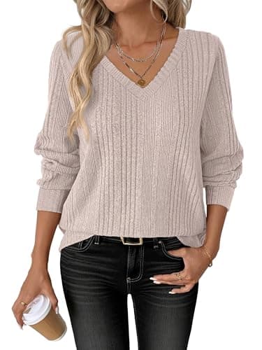 ANRABESS Womens V Neck Sweaters 2025 Fall Long Sleeve Shirts Lightweight Ribbed Knit Basic Casual Office Work Tunic Tops Light Apricot XX-Large - Image 1