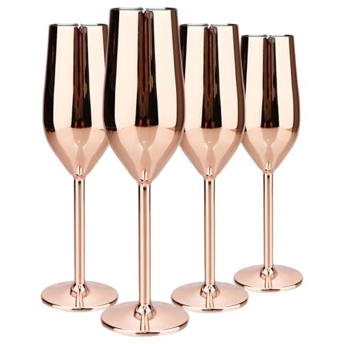 TJ Unbreakable 8 Oz Stainless Steel Champagne Flutes (4 Pack)- Rose Champagne Glasses - Reusable Indoor Outdoor Drinkware - Keeps Drink Cool for Longer - Gift Idea