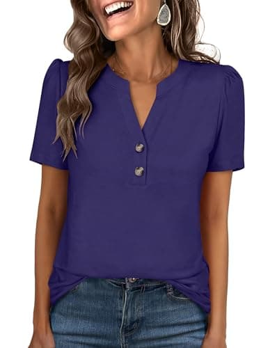 ANRABESS Womens Tops Business Casual 2026 Spring Short Sleeve Henley V Neck Shirts Dressy Work Blouse Summer Trendy Clothing Navy Blue X-Large - Image 1