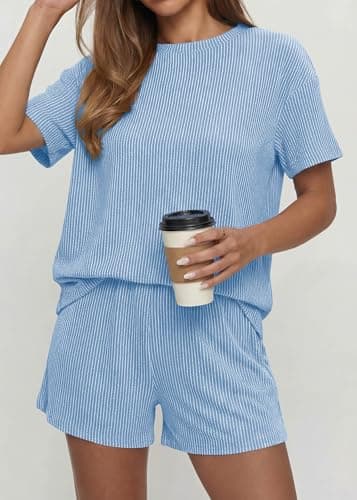 KIRUNDO 2 Piece Sets for Women Summer Shorts Lounge Set Matching Ribbed Knit Short Sleeve Top Airport Travel Vacation Outfits(Light Blue, X-Large) - Thumbnail 3