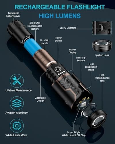 VOLISABER 5000 Lumens Rechargeable Flashlight, Tactical LED Flashlight High Lumens with Ignition Lens, 6 Modes Zoomable Waterproof Flash Light for Camping Emergency & Outdoor Adventure - Thumbnail 5
