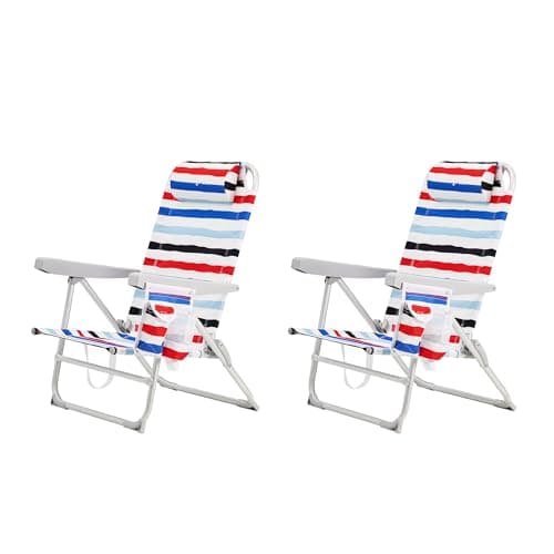 SUNNYFEEL Portable Beach Chair, Folding Low Back Beach Chair, Lightweight Camp Chair with Reclining Position, Backpack Lounger for Beach, Camping, Lawn, Outdoor, Red Blue White Striped, 2 Pack - Image 1