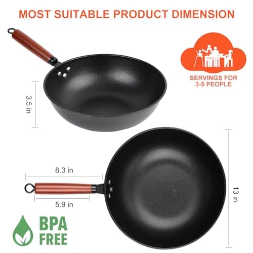 13" Nonstick Wok - Wok Pan with Glass Cover, Carbon Steel Woks & Stir-Fry Pans: Flat Bottom Chinese woks for Electric, Induction, Gas, All Stoves - Thumbnail 2