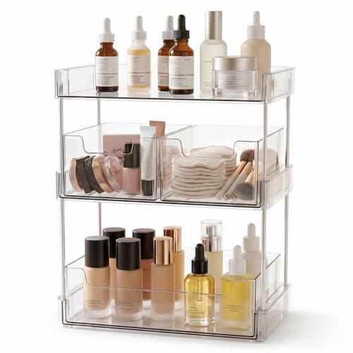 JessLab Clear Makeup Organizer, 3-Tier Vanity Storage with Removable Drawers, Large Capacity Cosmetic Rack for Tall Bottles, Perfume, Lipstick, Bathroom Countertop