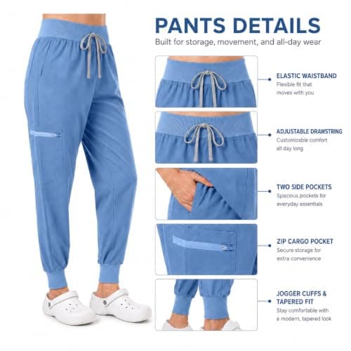YEZEX Scrubs for Women Set, Stretch V-Neck Top & Jogger Scrub Pants, CeilBlue - Thumbnail 4
