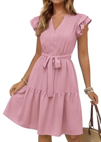 KIRUNDO Summer Dresses for Women 2026 Spring Flutter Sleeve V Neck Ruffle Flowy Tiered Knee Length Beach Vacation Sundress(Pink, Small) - Image 1