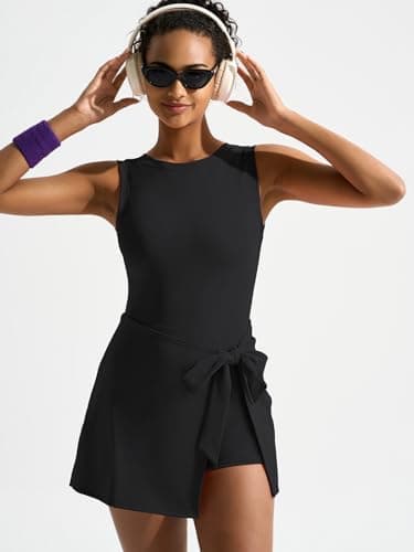 Dokuritu Womens High Neck Tennis Dress Sleeveless Wrap Skirt Built in Shorts Golf Athletic Dress Workout Rompers Black - Thumbnail 5
