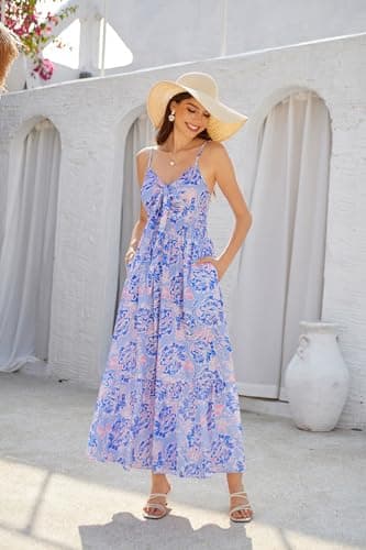 Summer Bohemian Floral Tie Front V Neck Smocked High Waist Long Maxi Swing Beach Party Dresses - Thumbnail 2
