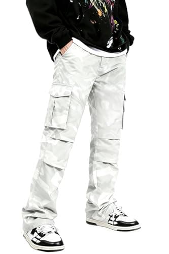 GINGTTO Baggy Camo Pants Men Cargo White Wide Leg Fashion Y2K Streetwear Drawstring Stretch 28 - Image 1