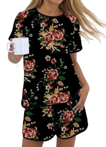 PrinStory Womens Pajama Set 2 Piece Lounge Sets Soft Pajamas Lightweight Pjs with Pockets Brown Black-M - Image 1