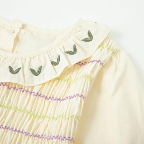 Curipeer Little Toddler Girl Long Sleeve Smocked Dress Girls Cotton Floral Smocked Playwear Dress in Fall and Spring Apricot 7T - Thumbnail 3