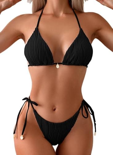 Herseas Women's Textured Sexy Black Bikini Sets Halter String Shell Decoration High Cut Swim Suits 2026 Summer Thong Cheeky Bathing Suits Sexy Cruise Essentials - Image 1