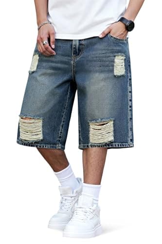 Heyfanee Mens Baggy Jean Shorts Ripped Long Jorts Men Y2k Vintage Denim Shorts for Men Loose Fit Washed Blue 34 - Image 1