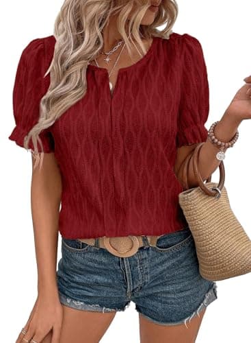 EVALESS Blouses for Women Summer Vacation Outfits - Cute Puff Sleeve Tops - Red Blouses - Dressy Casual Western Clothes - Sexy Tops - Work, X-Large - Image 1