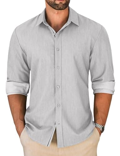 LETSEE Men's Button Down Dress Shirt Long Sleeve Untucked Business Casual Shirt Wrinkle Free Stretch Denim Texture - Image 1