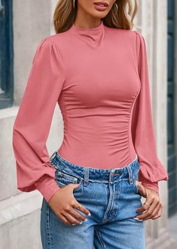 KIRUNDO Blouses for Women Dressy Casual 2026 Spring Tops Fall Puff Long Sleeve Shirts Fitted Mock Neck Ruched Trendy Tops(Pink, X-Small) - Thumbnail 4