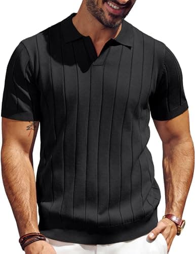 PJ PAUL JONES V Neck Polo Shirts for Men Casual Knit Polos Lightweight Ribbed Polo Shirts Summer Black - Image 1