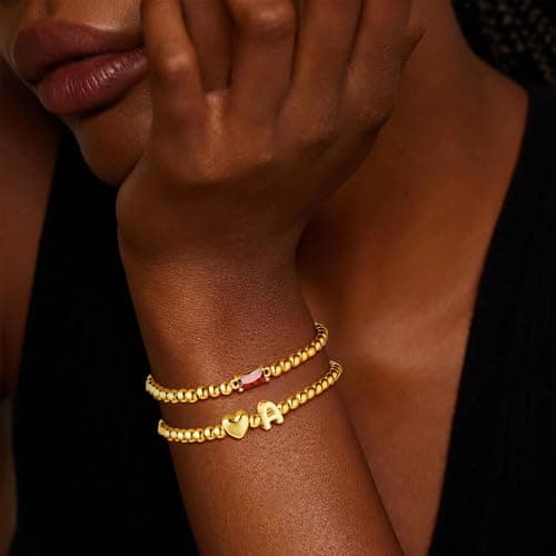 Turandoss Heart Initial Bracelets for Women - 14K Gold Plated Waterproof Birthstone Beaded Bracelets with Initial P Stackable, Dainty Created Blue Aquamarine Charm Jewelry Gifts - Thumbnail 2