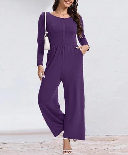 STOLKISS Dressy Jumpsuit for Women 2025 Fall Long Sleeve U-Neck Button Up Jumpsuits Spring Wide Leg Pants Rompers with Pocket - Thumbnail 3