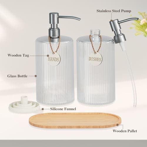 18Oz Soap Dispenser Set with Silver Stainless Steel Pump & Wood Tray - Vertical Stripe Design Refillable for Dish Soap & Hand Soap, Fits Kitchen & Bathroom Countertops - Thumbnail 3