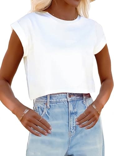 Nagwoy Womens Short Sleeve Crop Tops Round Neck T Shirts Casual Crop Tee Top A-White - Image 1