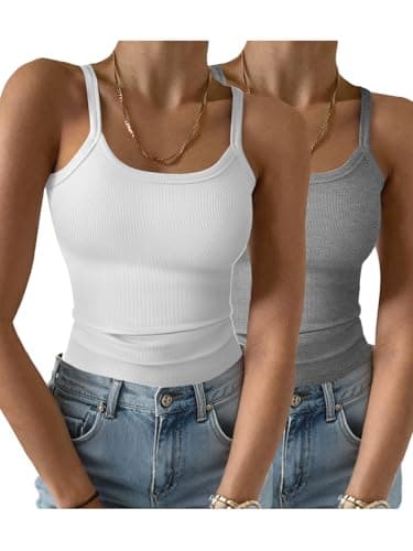 GKBK 2 Pack Womens Sleeveless Tank Top Form Fitting Spaghetti Strap Scoop Neck Ribbed Knit Workout Lounge Basic Slim Fitted Crop Summer 2025 Cami Layering Casual Shirts White Grey XL - Image 1