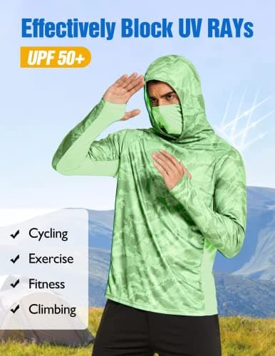 Men's Long Sleeve Fishing Shirts UPF 50+ Sun Protection Hoodie with Mask Quick Dry Hiking Neck Gaiter Hoodie UV Rashguards Camouflage - Thumbnail 4