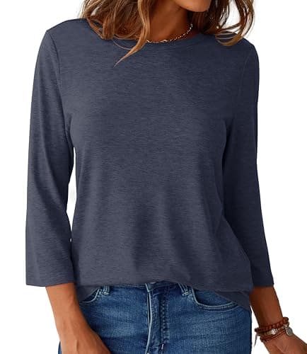 GKBK Womens Tops 3/4 Sleeve Shirts Round Neck Casual Blouses Basic Loose Fit Pullover Tshirts Navyblue L - Thumbnail 6