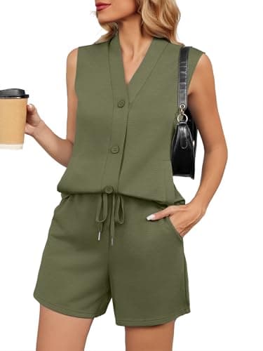 Casly Lamiit 2 Piece Short Sets for Women 2026 Summer Vacation Travel Outfits Sleeveless Button Down Vest Lounge Sets Spring Airport Sweatsuit Army Green L - Image 1