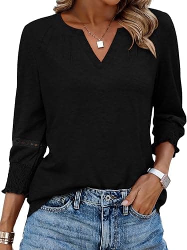 Women Summer Shirts 3/4 Length Sleeve Black Blouses Dressy Casual Smocked V-Neck Work Tees Tops - Image 1