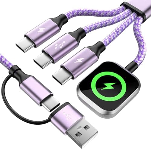 Travel Essentials Multi Charging Cable for iWatch Charger, 4in2 3 X USB C Cable Multiple Charger Cord, USBC Car CarPlay Cable Compatible with iWatch Ultra/11-1/iPhone 17-15/Galaxy S25-22, 5F Purple - Image 1