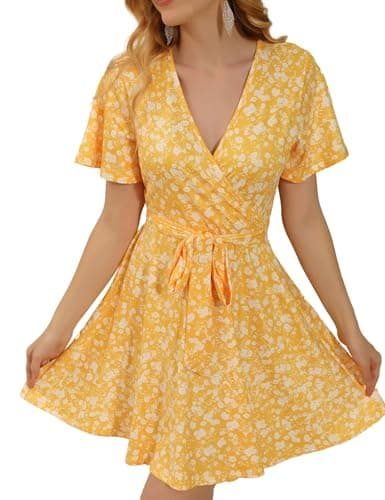 Aphratti Women's Spring Summer Floral Faux Wrap Dress V Neck Short Sleeve High Waist Fit and Flare Casual Swing A Line Sundress Yellow Flower Medium - Image 1