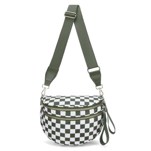 WOOMADA Checkered Crossbody Bag Bum Bag for Women, Fanny Pack Checkered Purse, Belt Bag with Shoulder Strap(Army Green Checkerboard) - Image 1