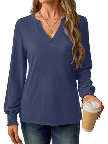 GKBK Womens Long Sleeve Shirts Fall Tops V Neck Business Dressy Casual Blouses with Smocked Cuffs Navy - Thumbnail 3