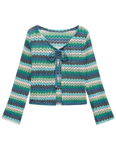 ZAFUL Swimsuit Coverup Shirt for Women Crochet Cardigan Bathing Suit Cover Up Long Sleeve Cover Ups Top Zigzag Blue M - Image 1