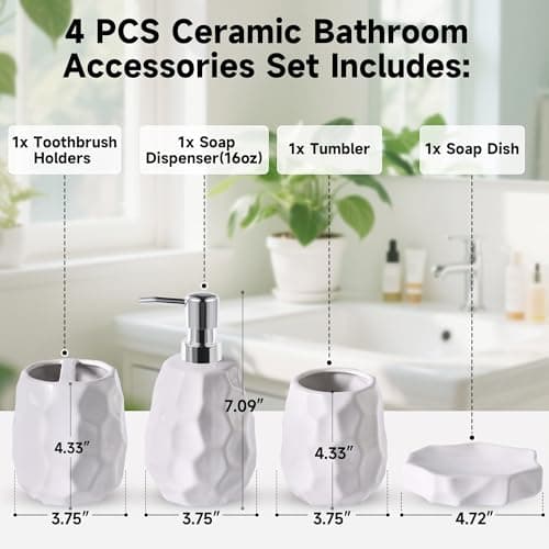 Ceramic Bathroom Accessories Set 4 PCS,Bathroom Toothbrush Holder Set,Soap and Toothbrush Holder Set,Include Toothbrush Holder,Soap Dispenser,Tumbler,Soap Dish,Bathroom Sets Decor Organizer (White) - Thumbnail 2