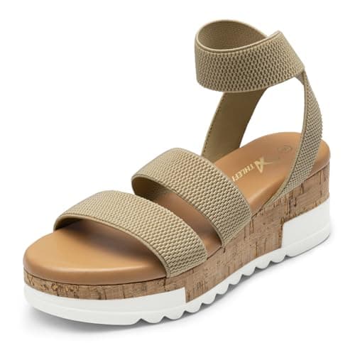 Athlefit Women's Casual Cork Platform Wedge Sandals Open Toe Elastic Ankle Strap Flatform Sandals for Summer, Khaki, Size 10, AD00102 - Image 1