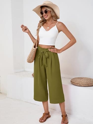 Moodclo Capri Pants for Women Army Green Medium High Waisted Wide Leg Casual Lounge Pant Summer Adjustable Knot with Pockets - Thumbnail 5