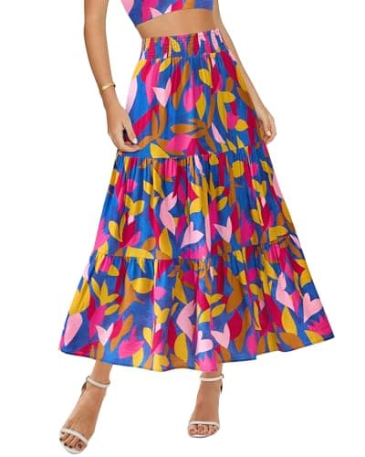 BTFBM Skirts for Women Summer 2026 Floral Print A Line Elastic High Waist Boho Maxi Skirt Spring Fashion Clothing Pocket(Floral Blue, X-Large) - Image 1