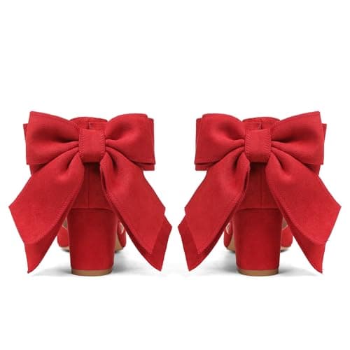 Yremael Women's Red Pointed Toe Pumps Bow Ankle Strap Chunky High Heels Dress Wedding Shoes - Thumbnail 6