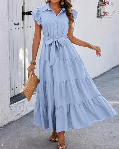 dowerme Ladies Dress 2025 Ruffle Cap Sleeve Button Down V Neck Tie Waist Plain Pleated Tiered Boho Flowy A-Line Dresses(Sky Blue,X-Large) - Thumbnail 6