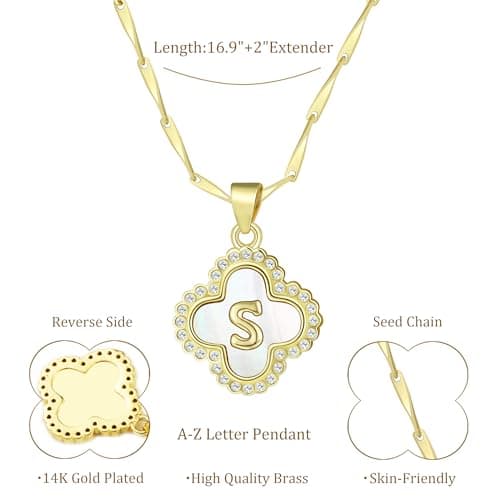 LETFLY Four Leaf Clover Initial Necklaces for Women, 14K Gold Plated Natural Shells Clover Letter Pendant, Alphabets S Necklace Jewelry Gifts for Women - Thumbnail 5