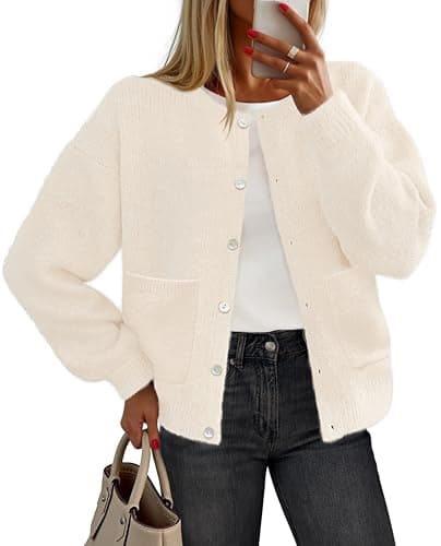MEROKEETY Women's Long Sleeve Knit Cardigan Sweaters 2025 Fall Crewneck Button Open Front Jackets with Pockets, Beige, Small - Image 1