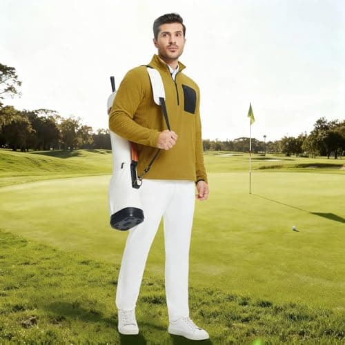 M MAELREG Quarter Zip Pullover Men Classic Golf Sweatshirt Dry Fit Soft Warmth Mens 3/4 Zip Pullover for Fall Yellow - Thumbnail 3
