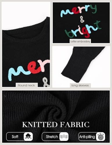 Christmas Sweater for Women Merry And Bright Xmas Pullover Top Crewneck Chenille Letter Patch Jumper (Black-XL) - Thumbnail 4
