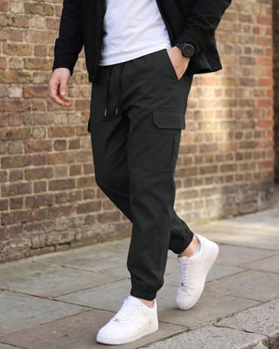 DISLANBO Mens Jogger Pants Casual Lightweight Cargo Pants Drawstring Elastic Waist Tapered Leg Pants with Pockets Black S - Thumbnail 2