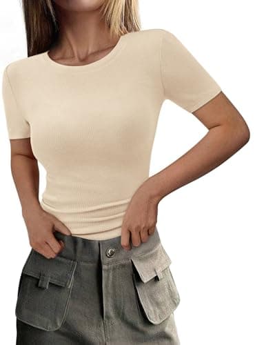 PRETTYGARDEN Women 2026 Summer Crew Neck Short Sleeve Tops Ribbed Knit Slim Fit Fashion Basic Tee Shirts Casual Going Out Top (Beige,XX-Large) - Image 1
